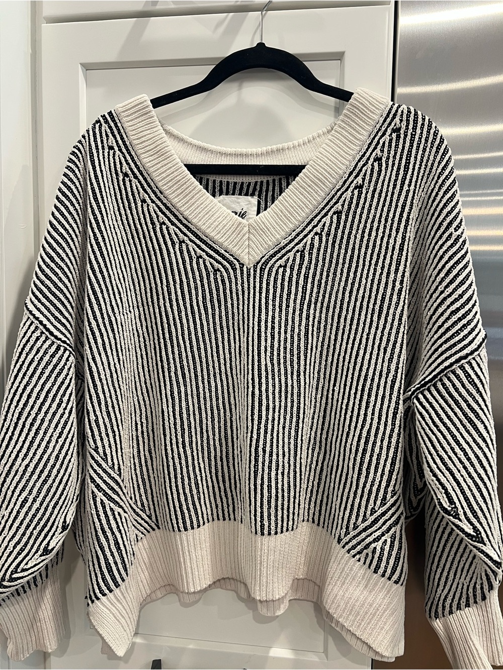 aerie Black & Cream Striped V-Neck Sweater
